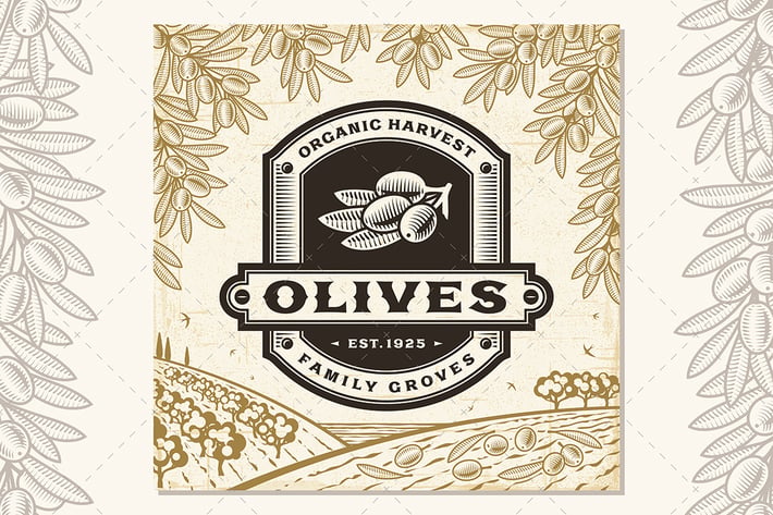 Retro Olives Label On Harvest Landscape