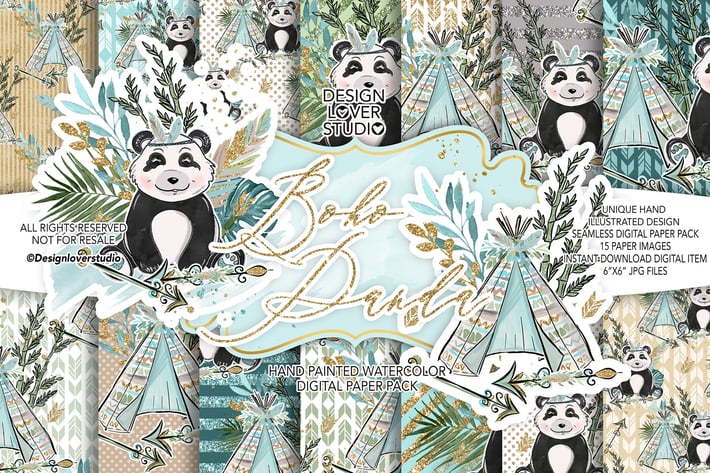 Boho Panda digital paper pack