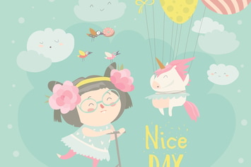 Cute girl with her little unicorn. Vector greeting