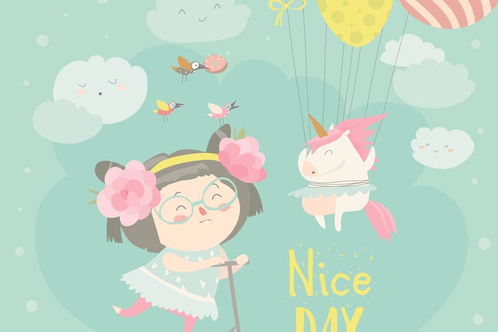 Cute girl with her little unicorn. Vector greeting