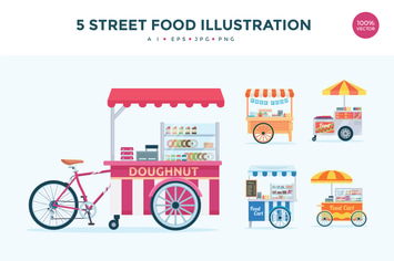 5 Street Food Stall Vector Illustration Set