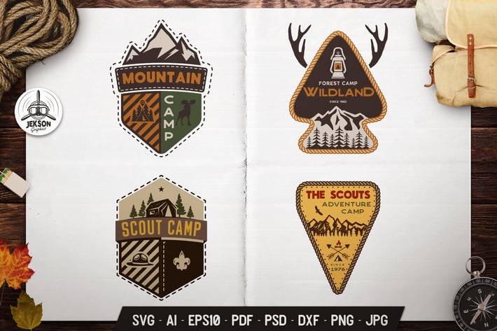 Scout Camping Adventure Logos Set, Retro Badges