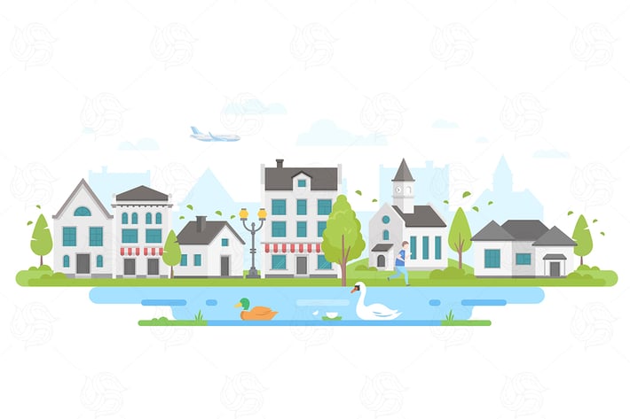 Cityscape with a pond - flat illustration