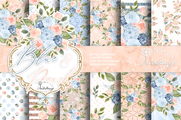 Watercolor Blue Peach digital paper pack