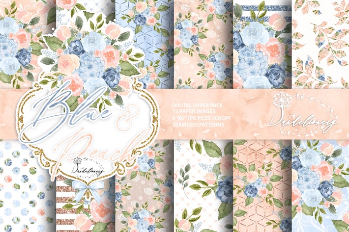 Watercolor Blue Peach digital paper pack