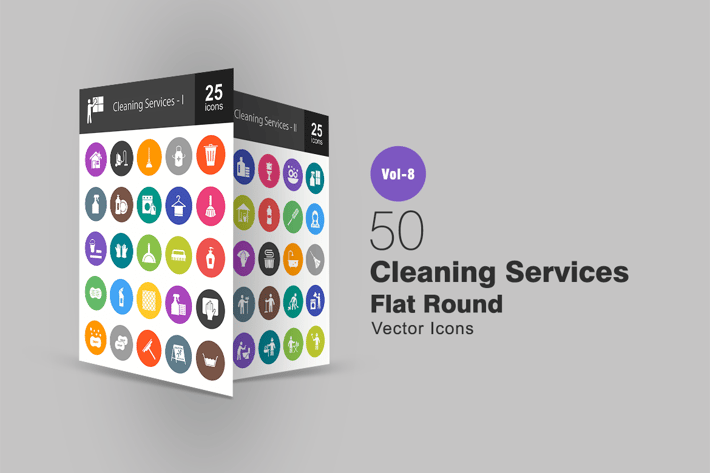 50 Cleaning Services Flat Round Icons