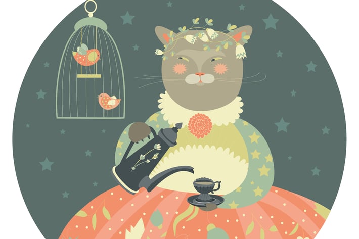 Cute cat with teapot wearing dress