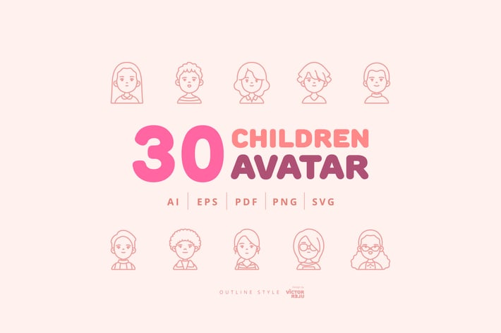 30 Children Avatar Outline Style