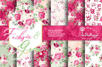 Watercolor Fuchsia And Green digital paper pack
