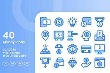 40 Money Icons Set - Blue Lineal Color