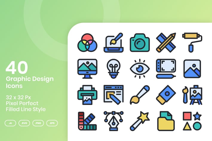 40 Graphic Design Icons Set - Filled Line