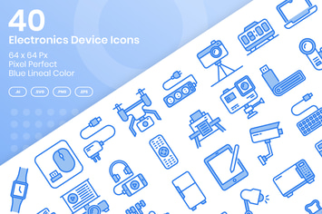 40 Electronics Device Icon Set - Blue Lineal Color
