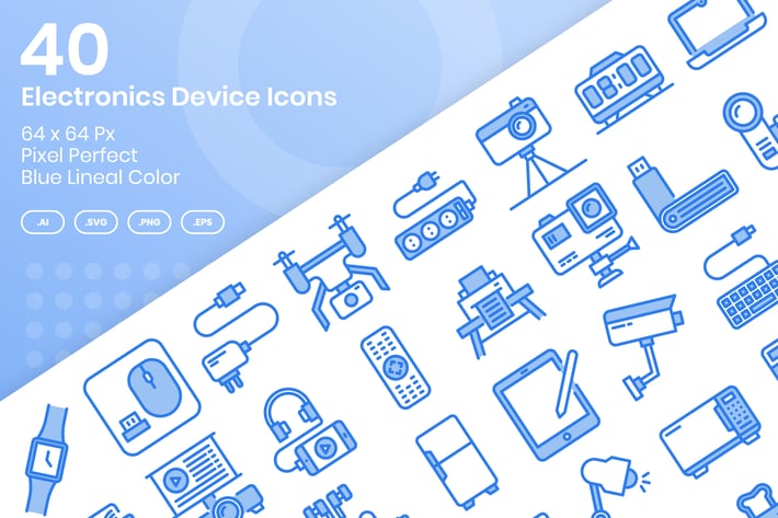 40 Electronics Device Icon Set - Blue Lineal Color