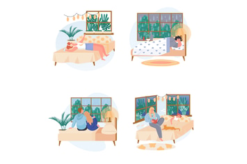 People Relaxing In Cozy Bedroom Concept Set