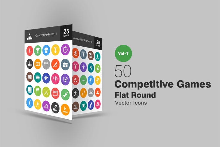 50 Competitive Games Flat Round Icons