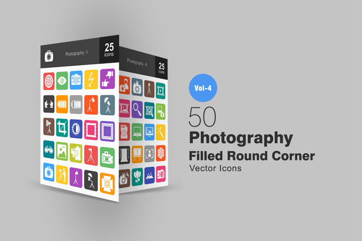 50 Photography Flat Round Corner Icons