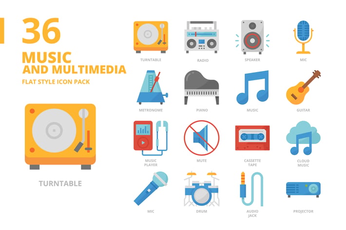 Music and Multimedia Flat Style Icon Set