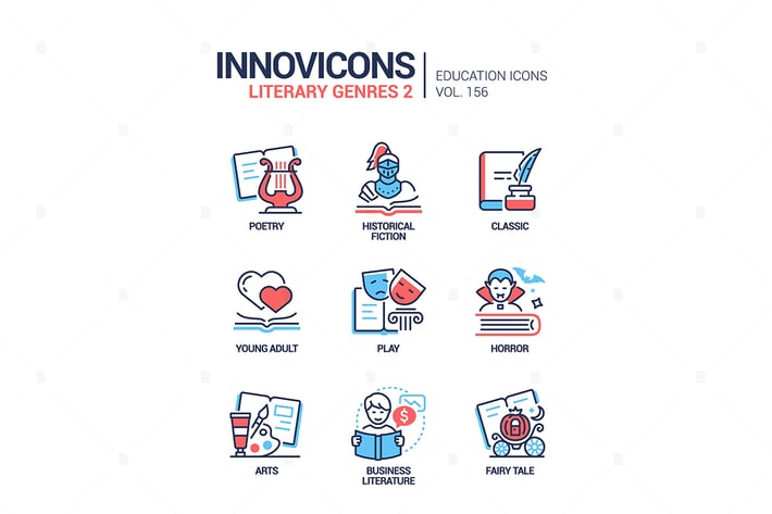 Literary genres - line design style icons set