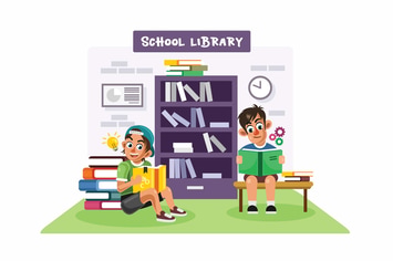 Kids in a School Library Vector Illustration