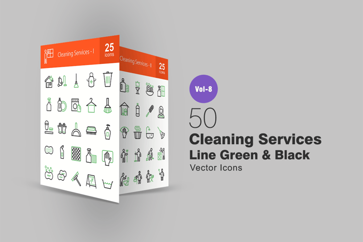 50 Cleaning Services Green & Black Line Icons