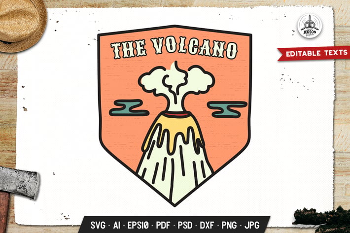 Volcano Badge, Vector Adventure Retro Graphic