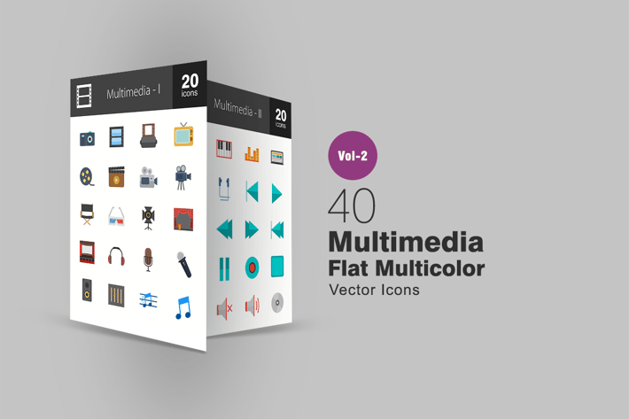 40 Multimedia Flat Multicolor Icons