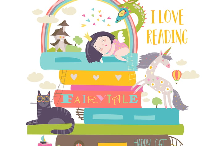 Fairytale concept with book,unicorn,dragon,princes