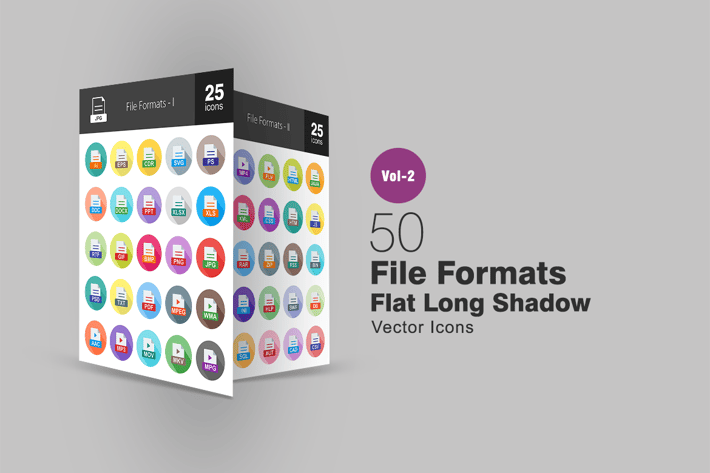 50 File Formats Flat Long Shadow Icons
