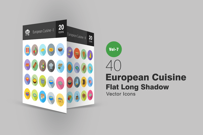 40 European Cuisine Flat Shadowed Icons