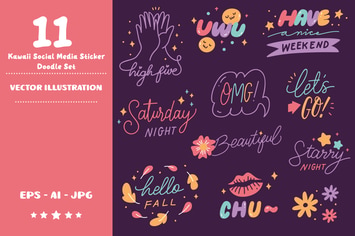 Kawaii Social Media Stickers Doodle Set
