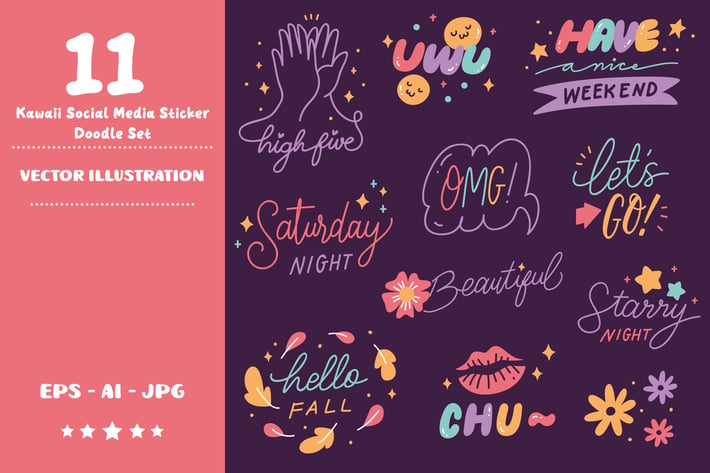 Kawaii Social Media Stickers Doodle Set