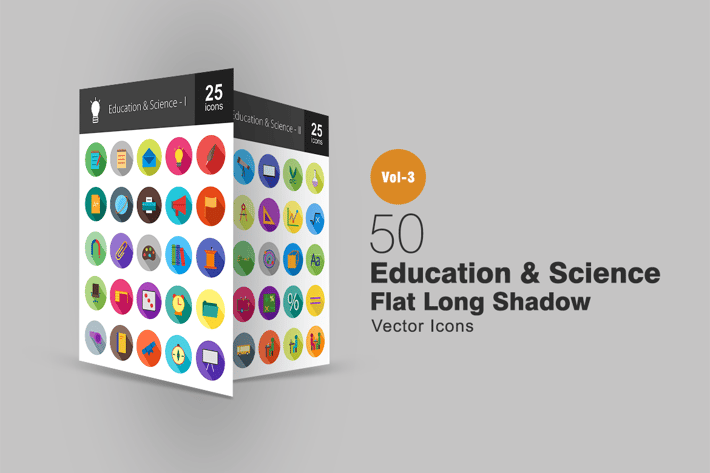 50 Education & Science Flat Shadowed Icons