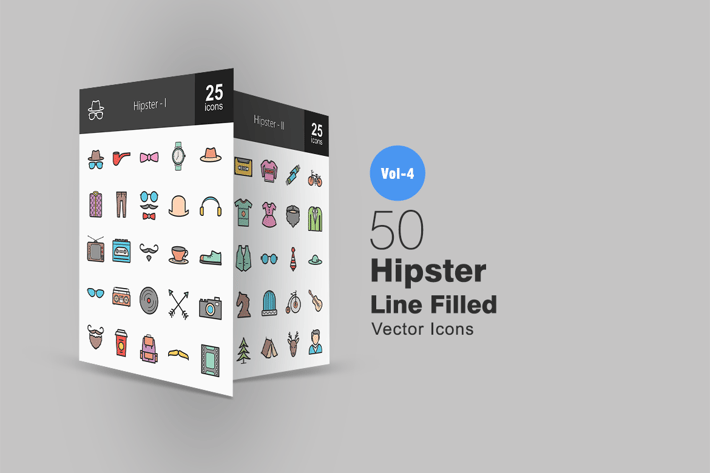 50 Hipster Line Filled Icons