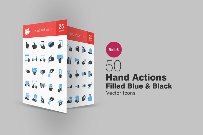 50 Hand Actions Blue & Black Icons