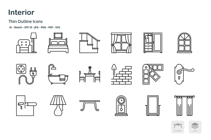 Interior design thin outline icons