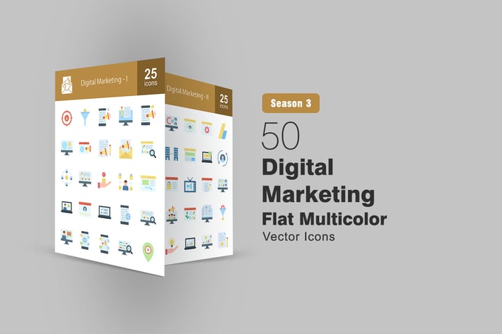 50 Digital Marketing Flat Multicolor Icons