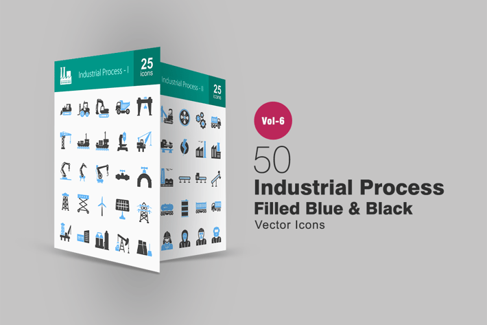 50 Industrial Process Blue & Black Icons