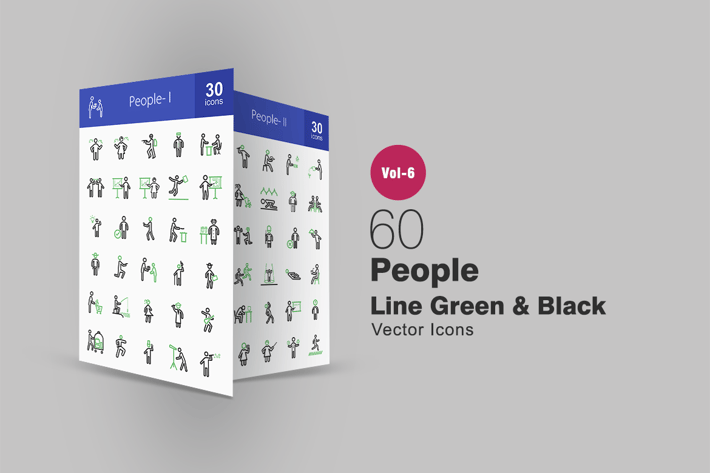 60 People Green & Black Line Icons