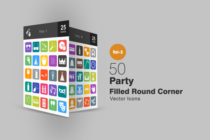 50 Party Flat Round Corner Icons