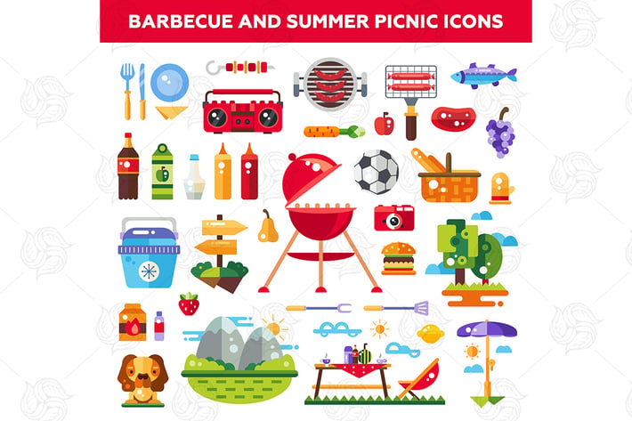 Barbecue and summer picnic - flat design icons