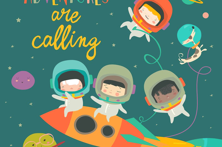 Girls ans boys astronauts riding a rocket. Vector 