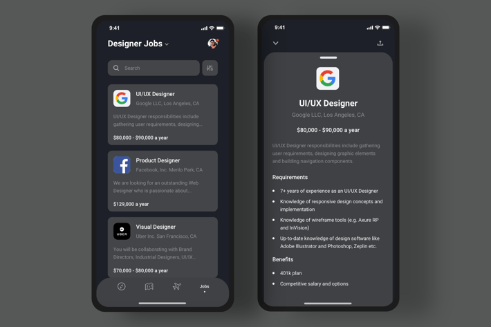 Job offers app - Dark Mode (iOS) 