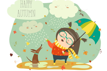 Cute girl playing in rain with umbrella. Vector 
