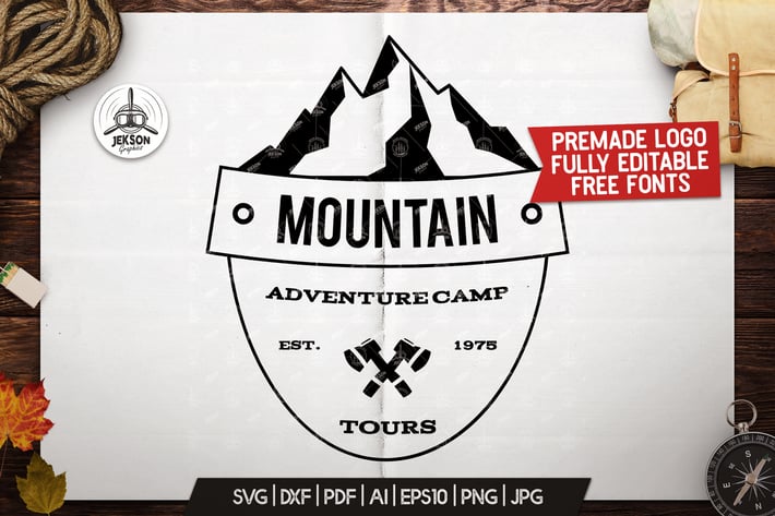 Retro Camping Insignia, Mountain Vector Logo Label