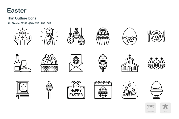 Easter celebration thin outline icons