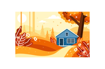 Beautiful autumn scenery with a house in forest