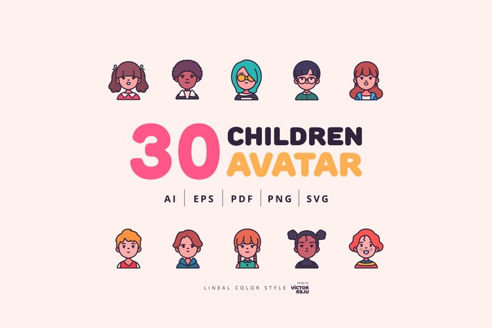 30 Children Avatar Lineal Color Style