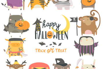 Set of funny animal characters dressed in Hallowee