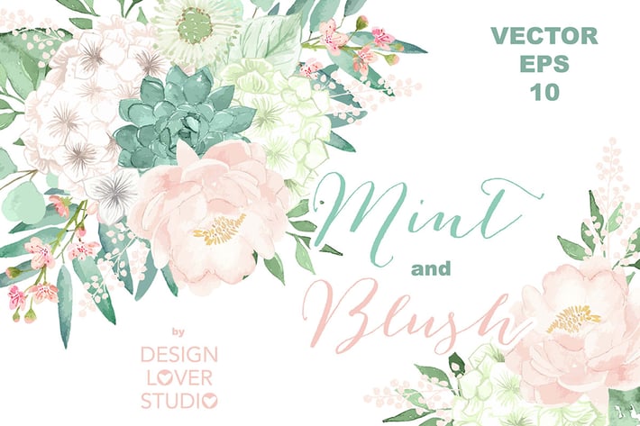 Vector Watercolor Mint and Blush clipart