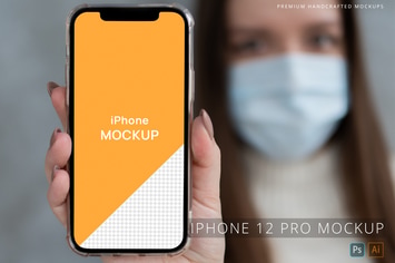 iPhone 12 Pro in Hand Mockup Person Wearing Mask